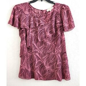 TOP/BLOUSE-MICHAEL KORS-Burgundy-Abstract-Ruffles-Short Sleeves-Layers-XL